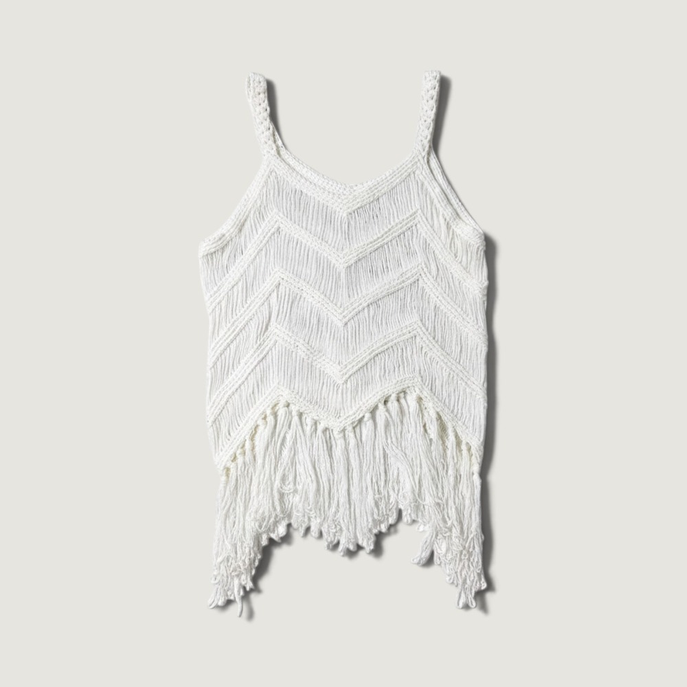 White 100% Cotton Macrame Fringe Tank Top Boho Festival Crochet Thailand